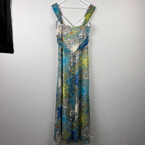 ROULETTE Womens 8 Blue Green Yellow Paisley Sleeveless Accent Tie Back Zip Dress - Picture 3 of 9